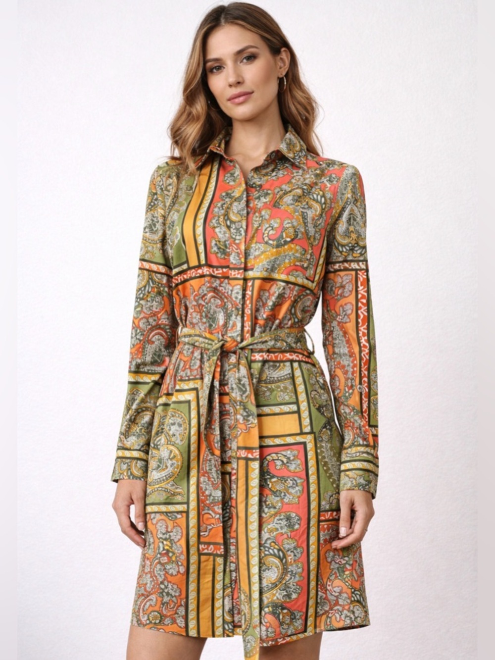 0039 Italy Luxury Paisley Belted Shirt Dress Cotton Designer Patchwork SzXS